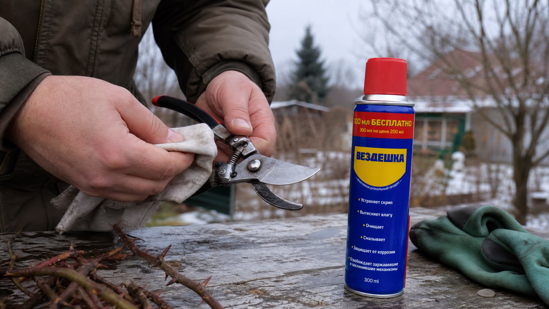 Рука в перчатке смазывает секатор универсальной смазкой wd-40.