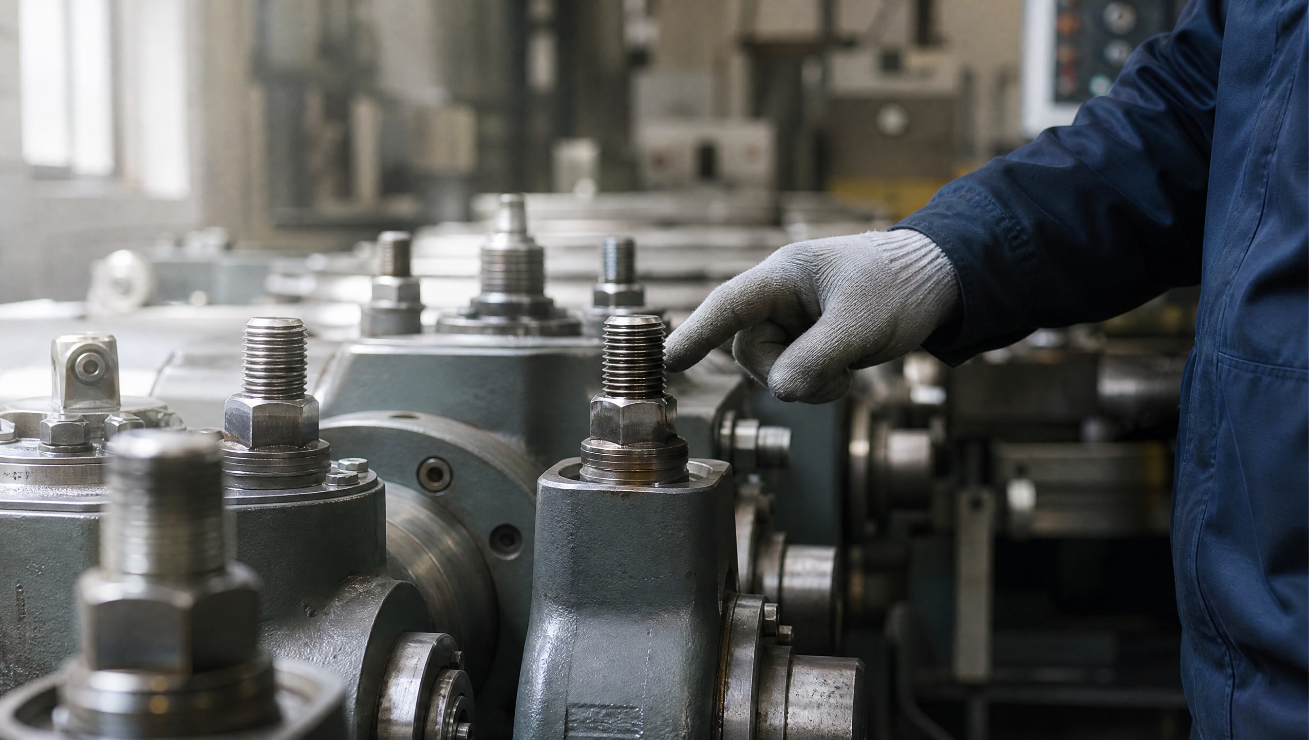 Инженер осматривает резьбовые соединения станков для подбора соответствующего фиксатора резьбы. Инженер осматривает резьбовые соединения станков для подбора соответствующего фиксатора резьбы.