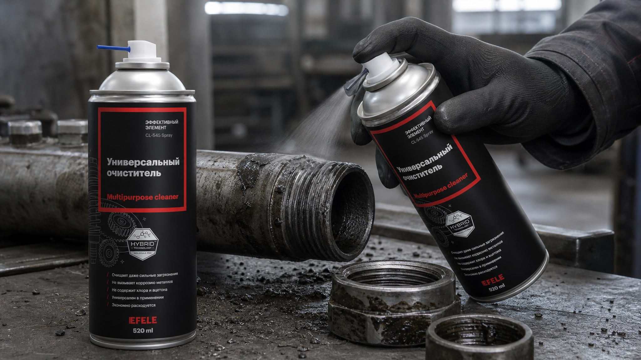 Рука в перчатке наносит EFELE CL-545 Spray для обезжиривания поверхности перед нанесением покрытия резьбовых соединений