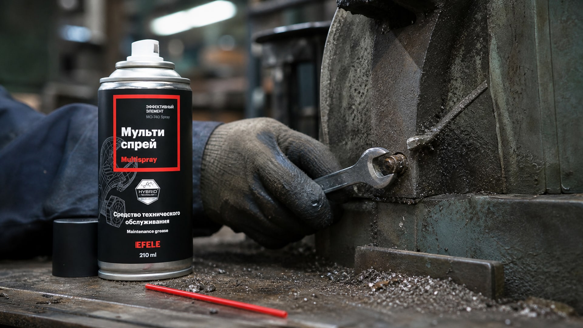 Рука в перчатке наносит EFELE MO-740 Spray (мультиспрей) для демонтажа фиксатора.