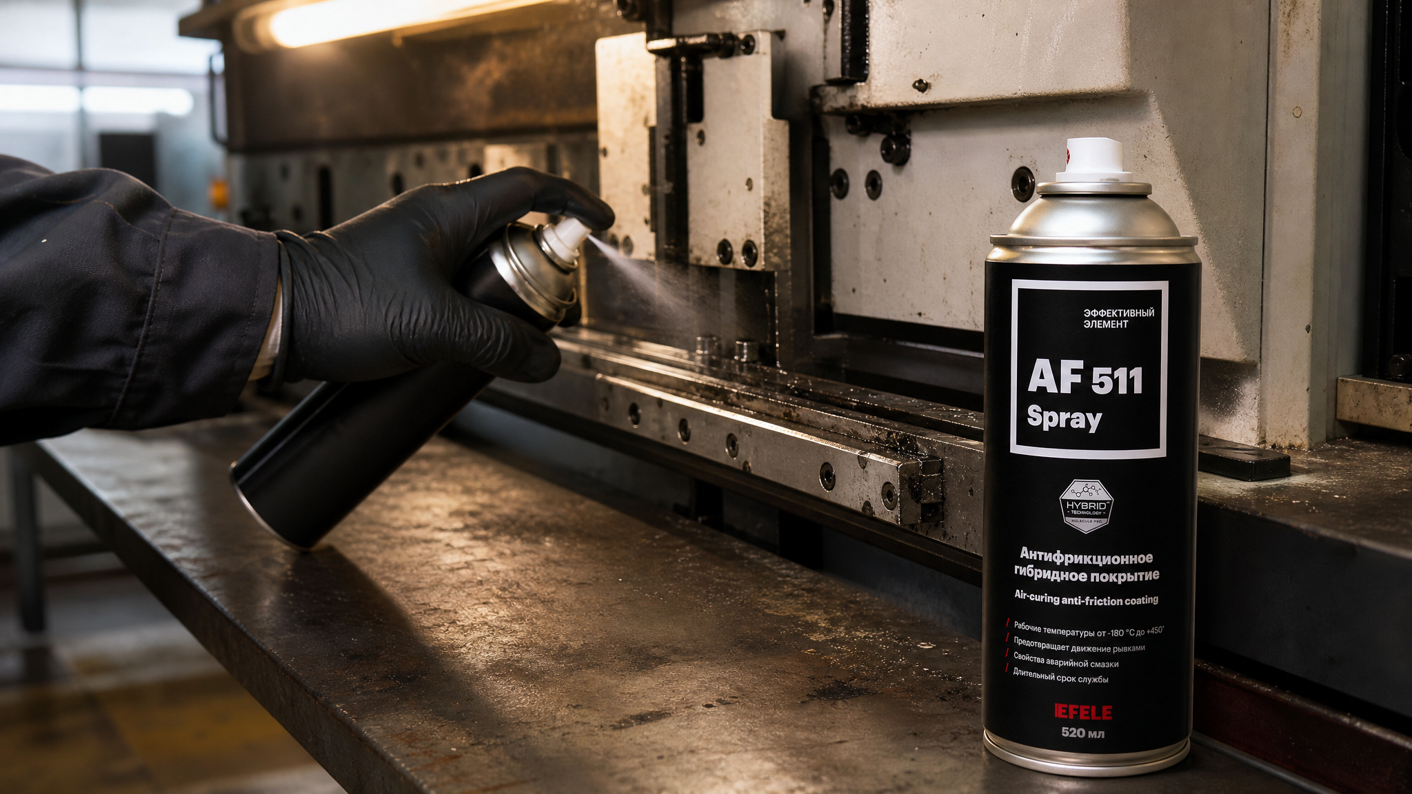 Рука в перчатке наносит EFELE AF-511 Spray на детали для ножей.