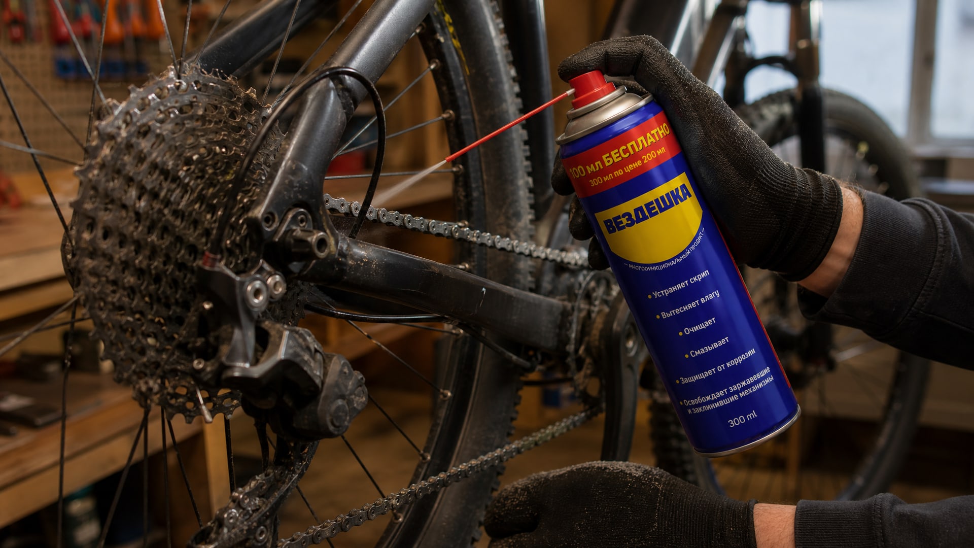 Рука в перчатке наносит универсальную смазку WD40 на цепь велосипеда.