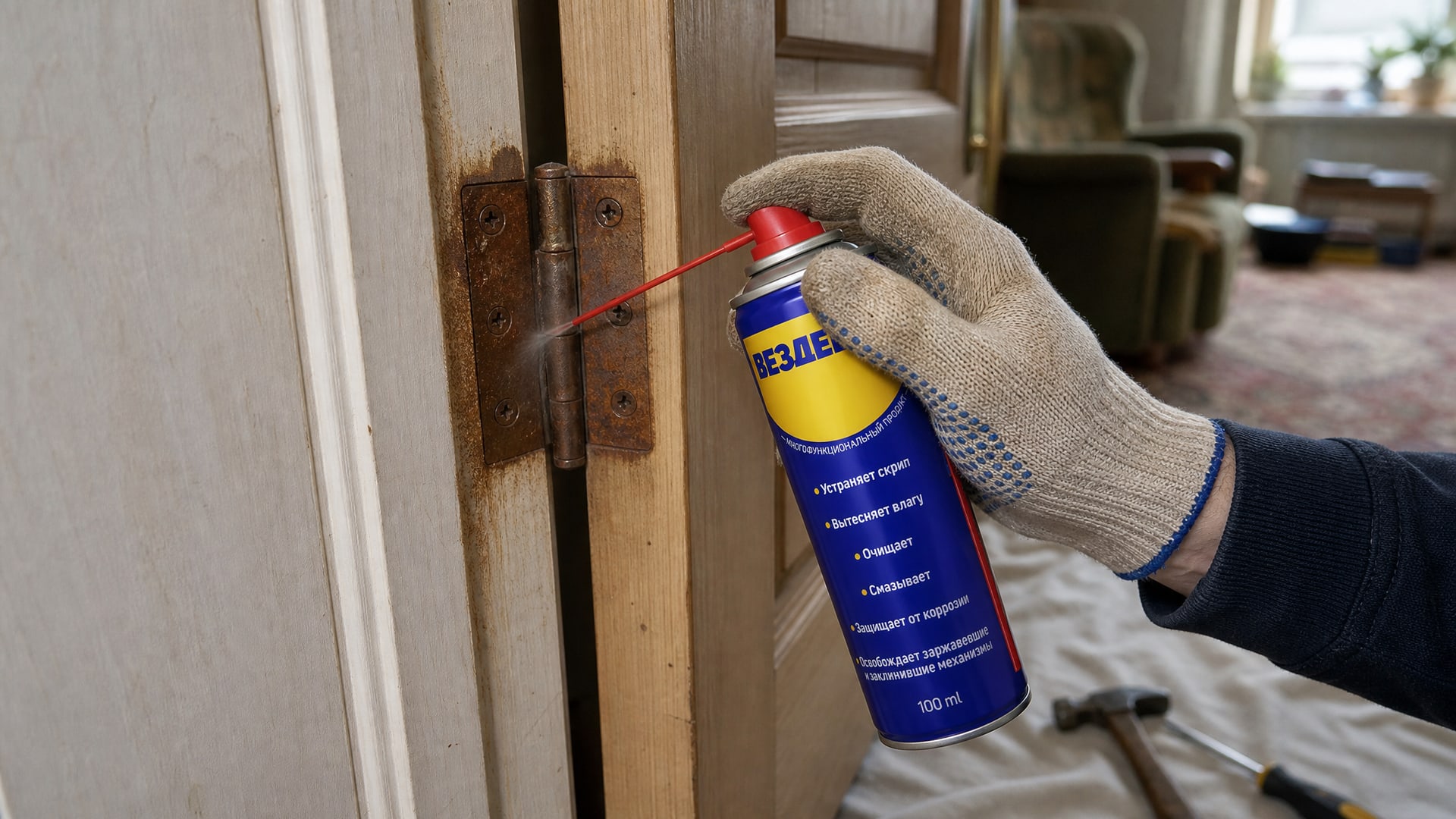 Рука в перчатке наносит универсальную смазку WD-40 на старые дверные петли.