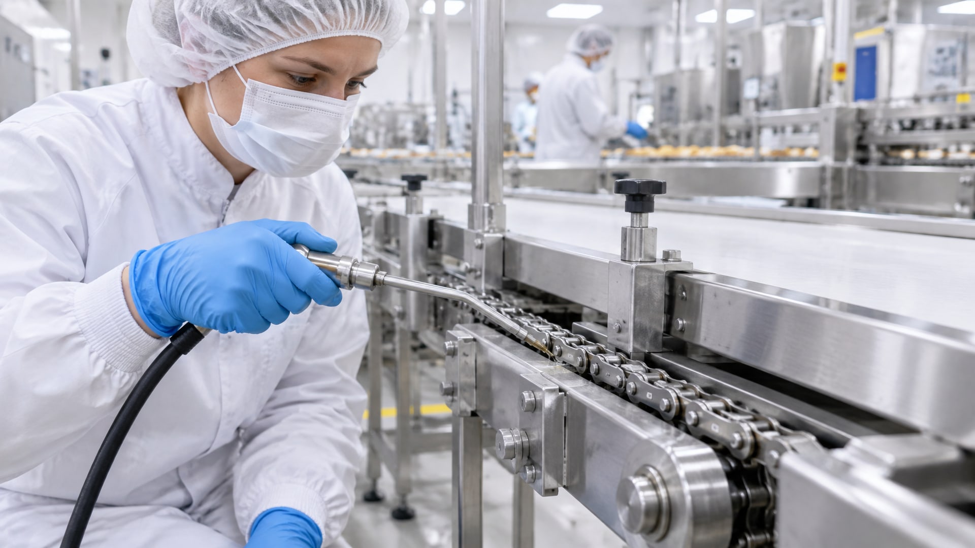 Работник наносит тонкий слой смазки пищевой nsf h1 на цепь конвейера.