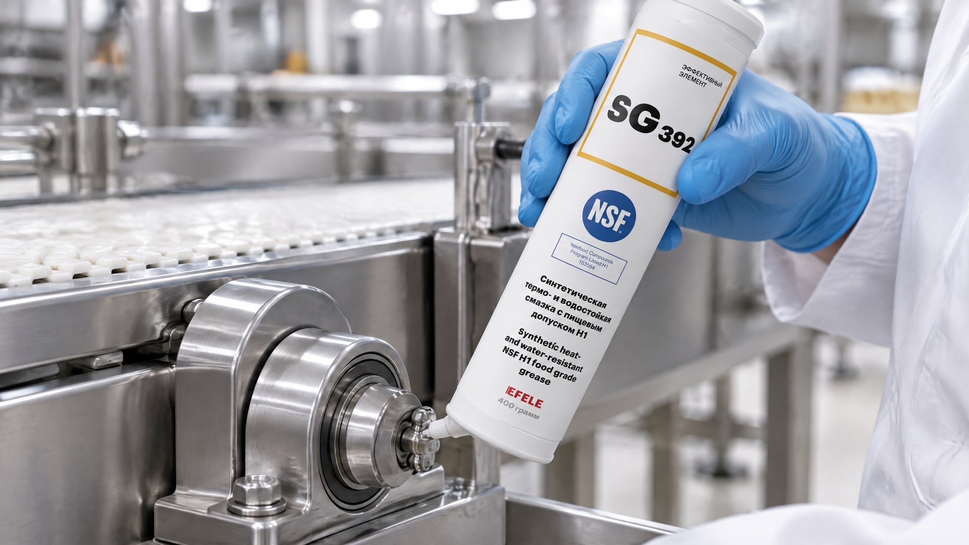 Рука наносит смазку EFELE SG-392 на упаковку продукта.