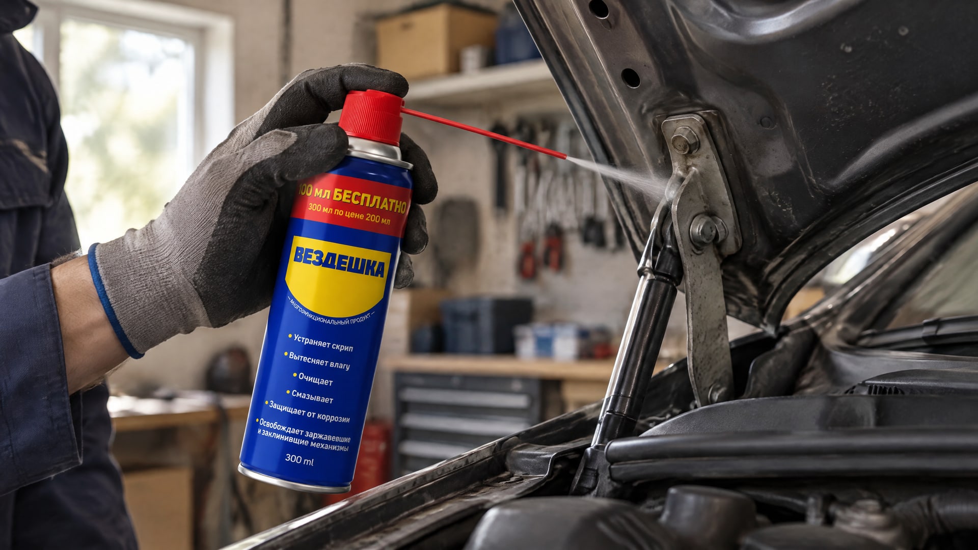 Рука в перчатке распыляет универсальную смазку wd-40 на петли капота.