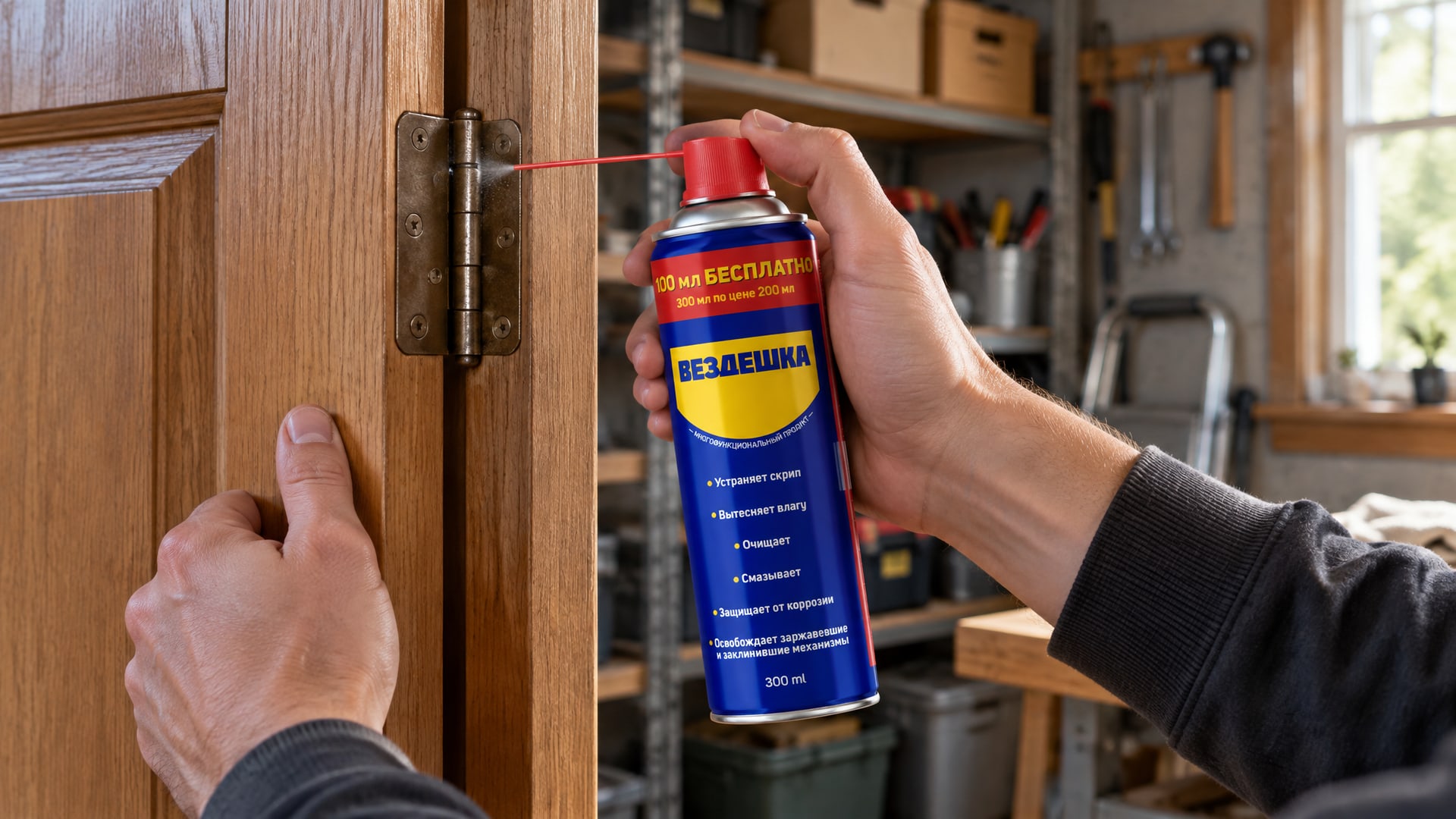 Рука в перчатке распыляет универсальную смазку WD-40.