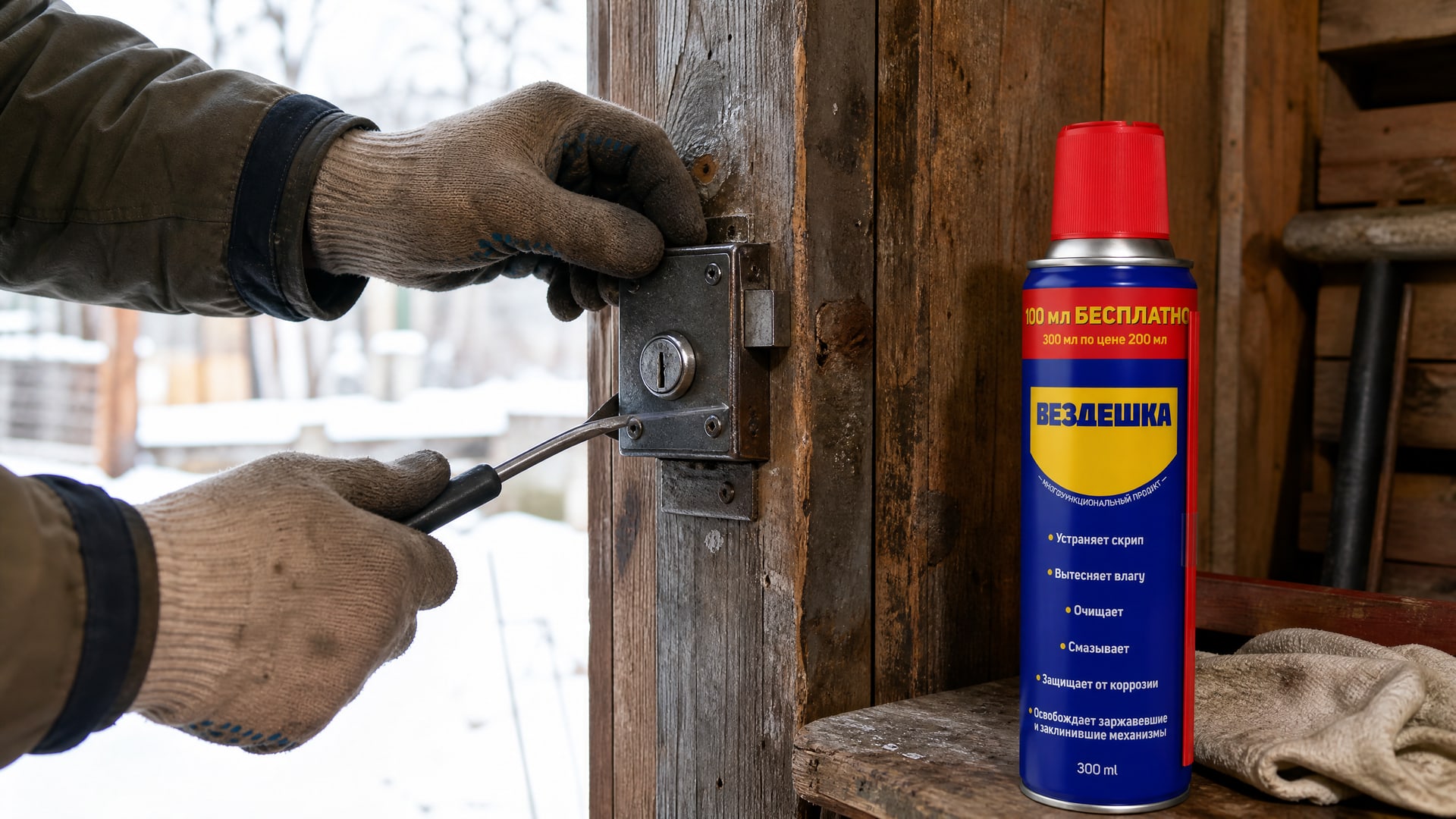 Рука в перчатке наносит универсальную смазку WD-40 на замок.