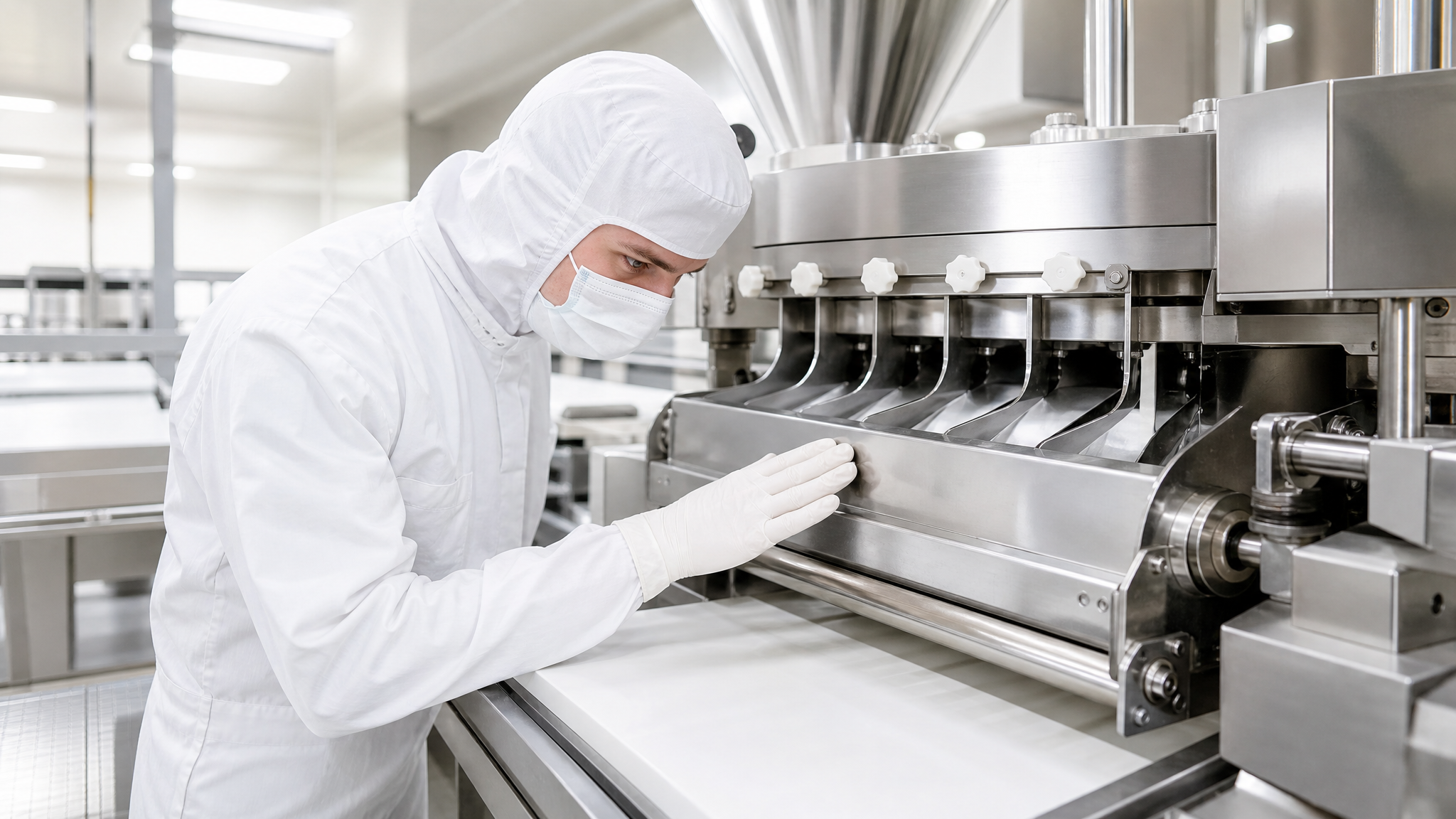 Инспектор проверяет чистоту тестоделителя, на котором видны следы пищевой смазки для оборудования.