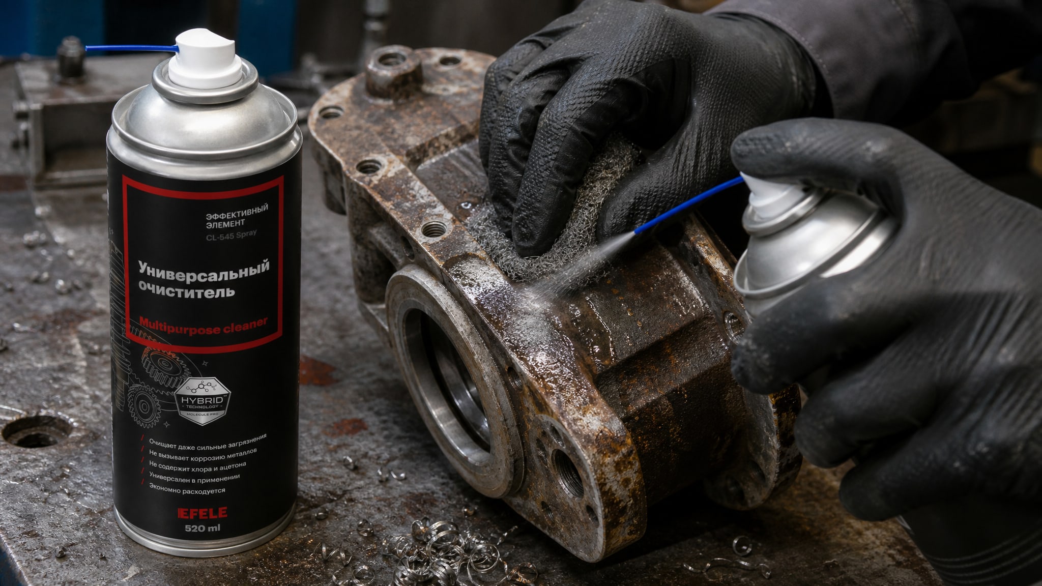 Рука наносит EFELE CL-545 Spray, чтобы убрать ржавчину со станка.