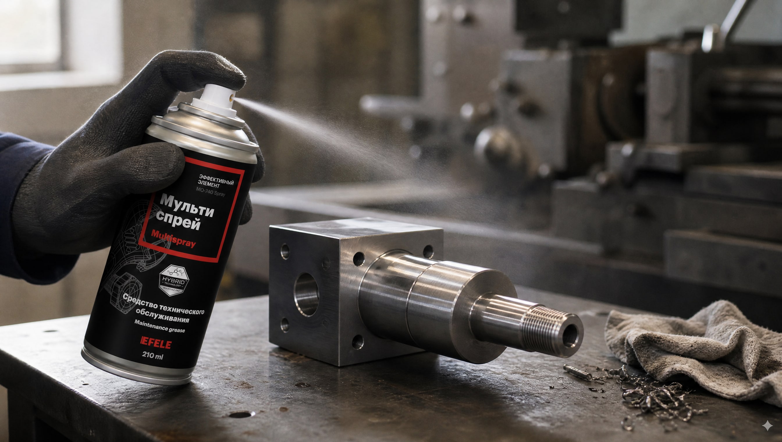Рука в перчатке наносит EFELE MO-740 Spray для защиты деталей от ржавчины.