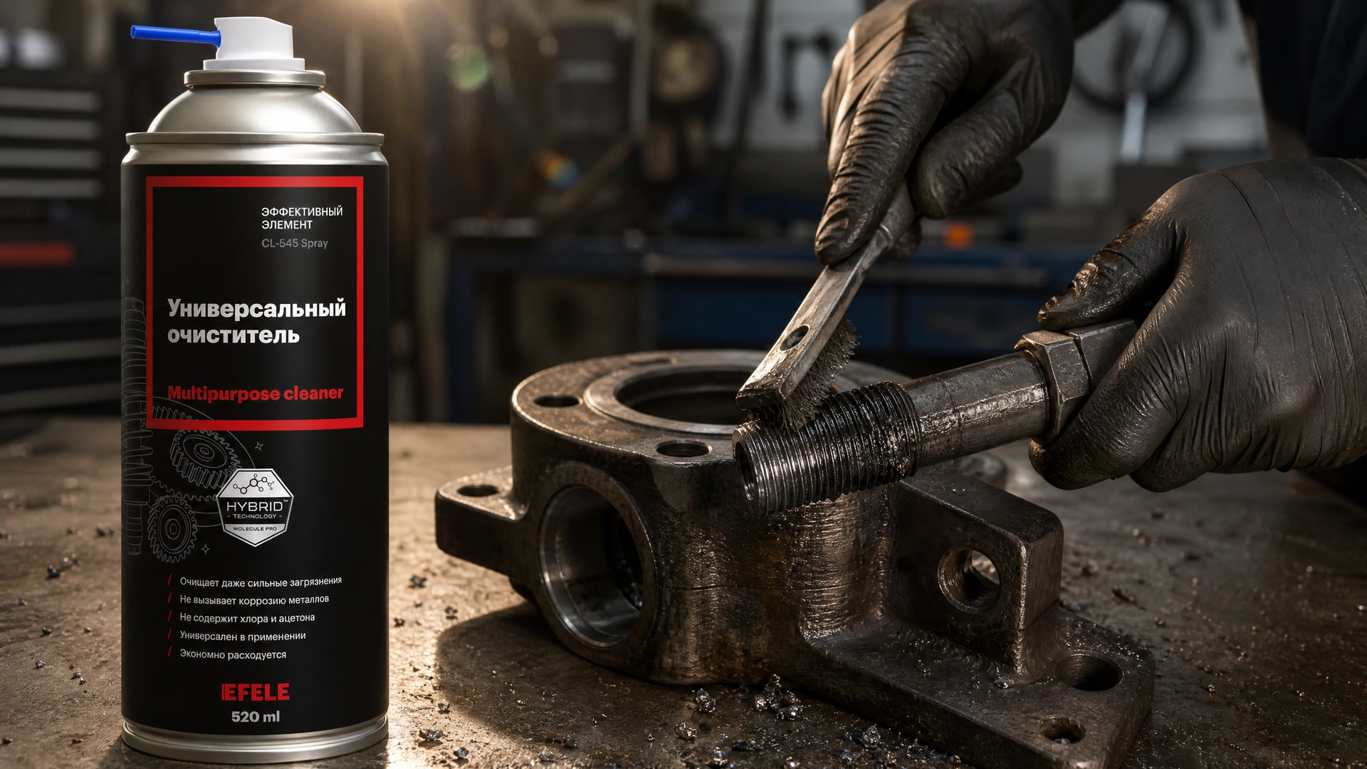 Рука в перчатке наносит EFELE CL-545 Spray для очистки после анаэробного фиксатора.
