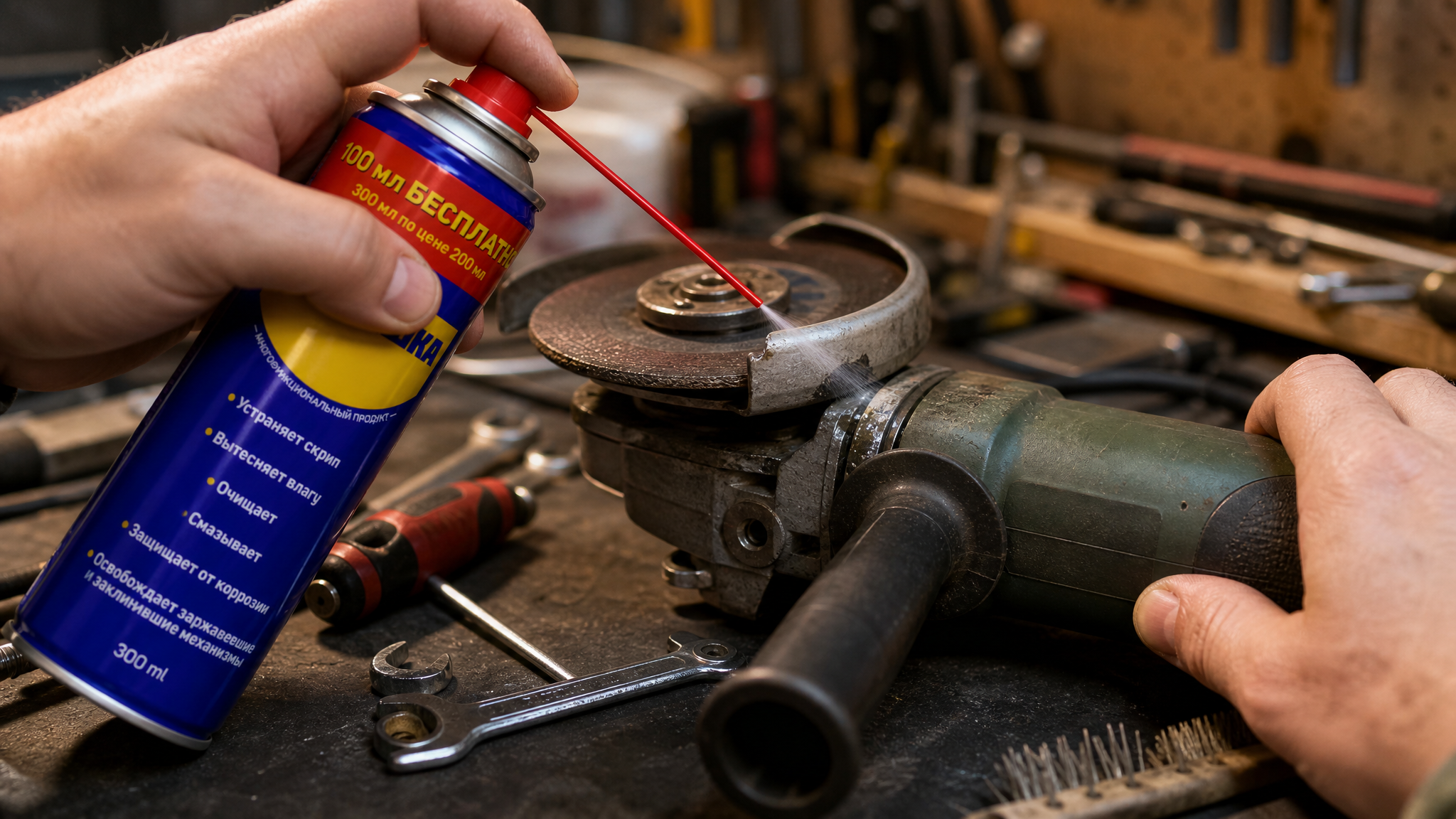 Рука в перчатке наносит универсальную смазку wd-40 на инструмент.