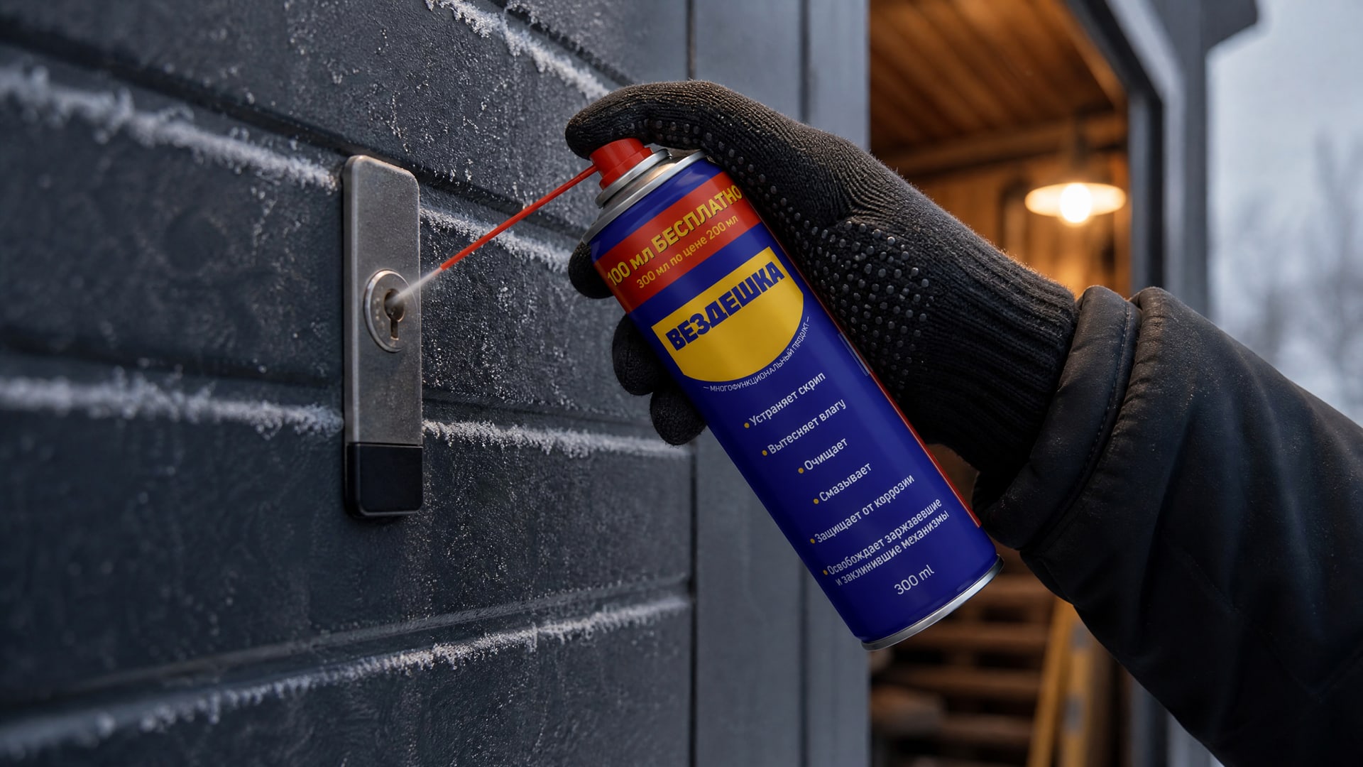 Человек в перчатке наносит универсальную смазку WD-40 на замок.