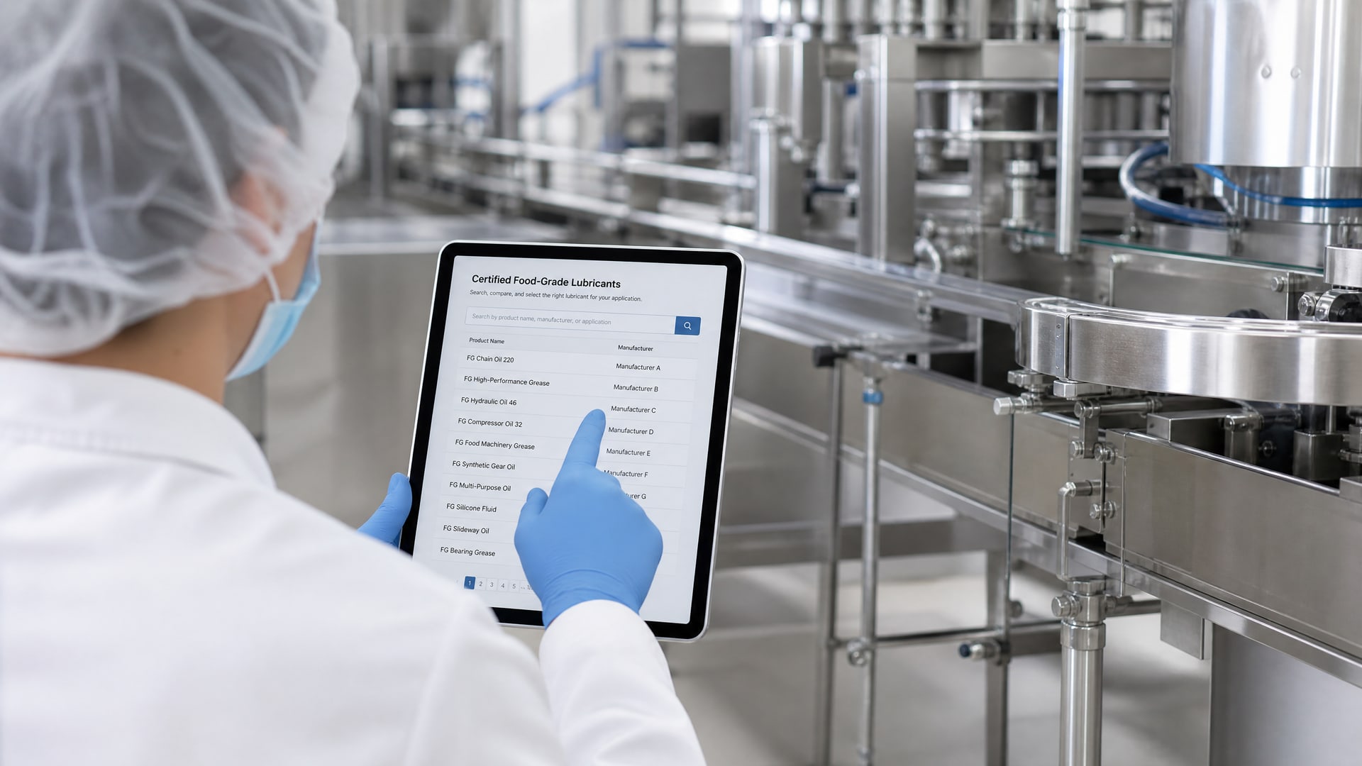 Рабочий в перчатках проверяет реестр сертифицированной смазки допуск nsf h1 на планшете.