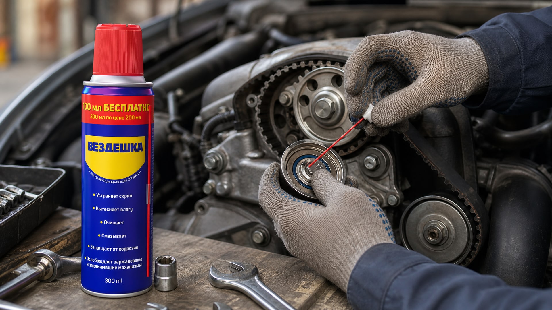 Рука в перчатке наносит универсальную смазку WD-40.