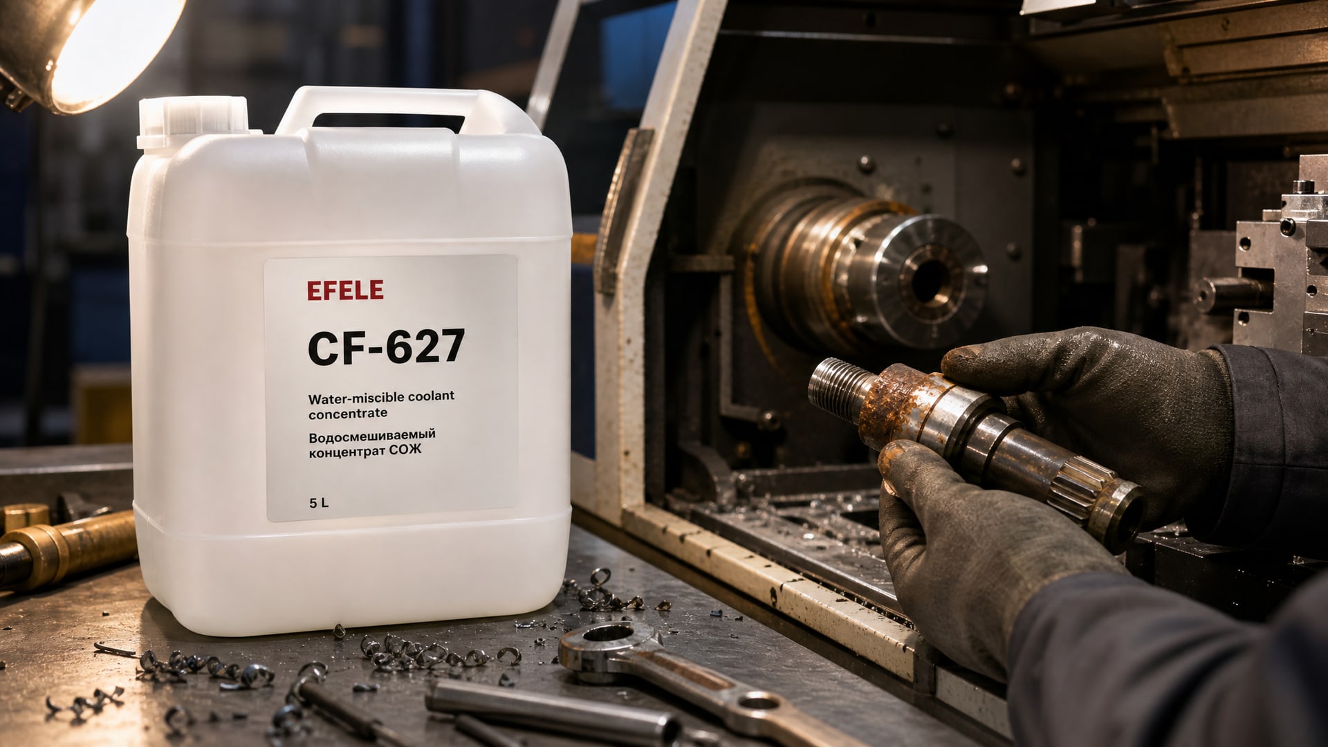 Рука в перчатке наносит EFELE CF-627 (концентрат водосмешиваемой СОЖ), предотвращая ржавчину.