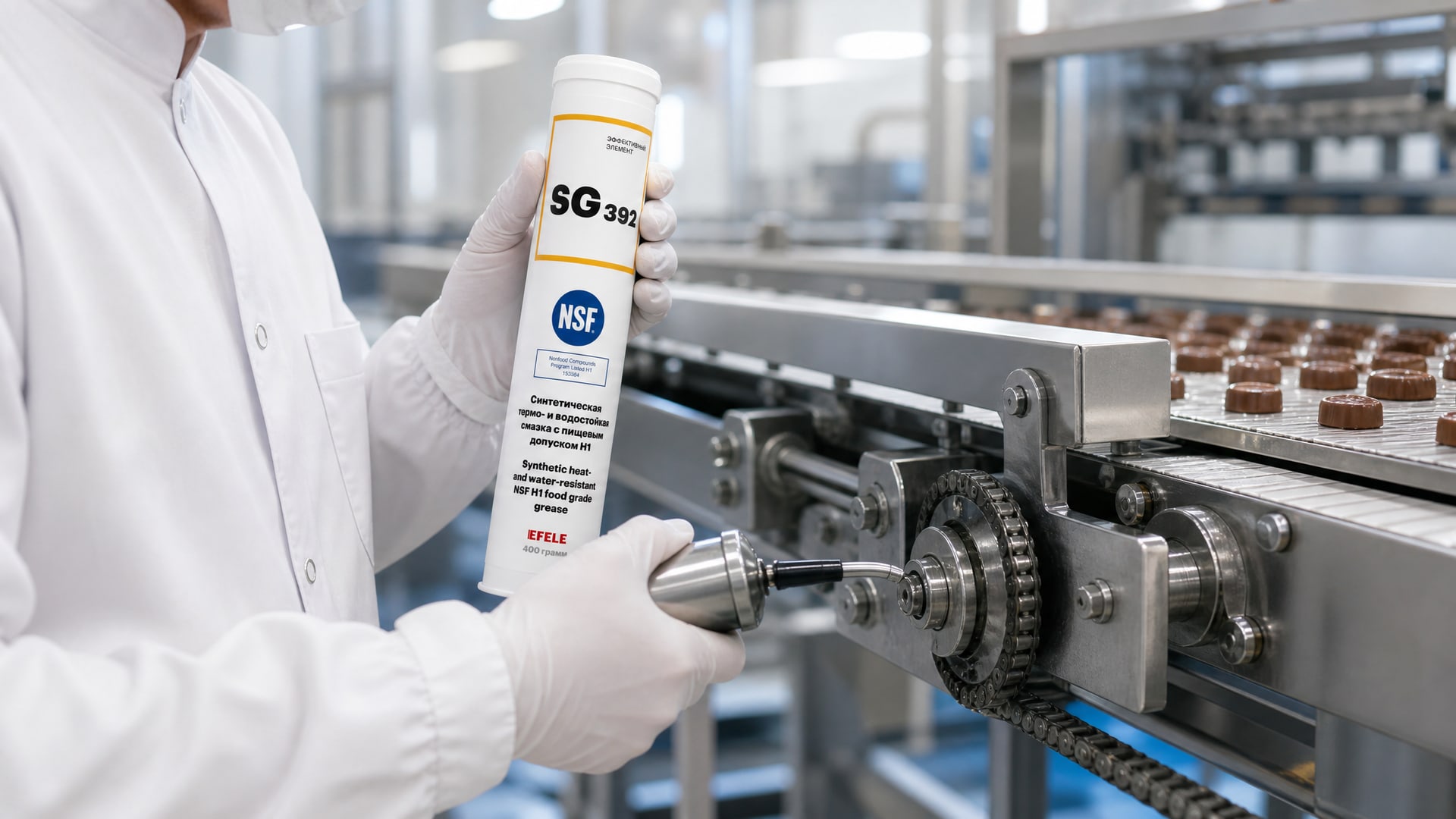 Рука наносит EFELE SG-392 для продления срока службы оборудования.