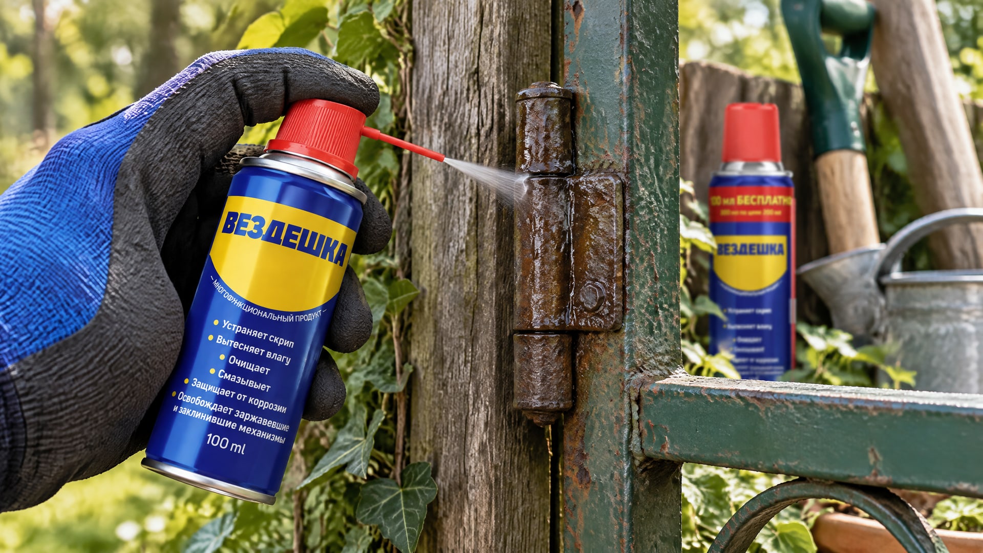 Рука в перчатке наносит универсальную смазку wd-40 из аэрозольного баллона