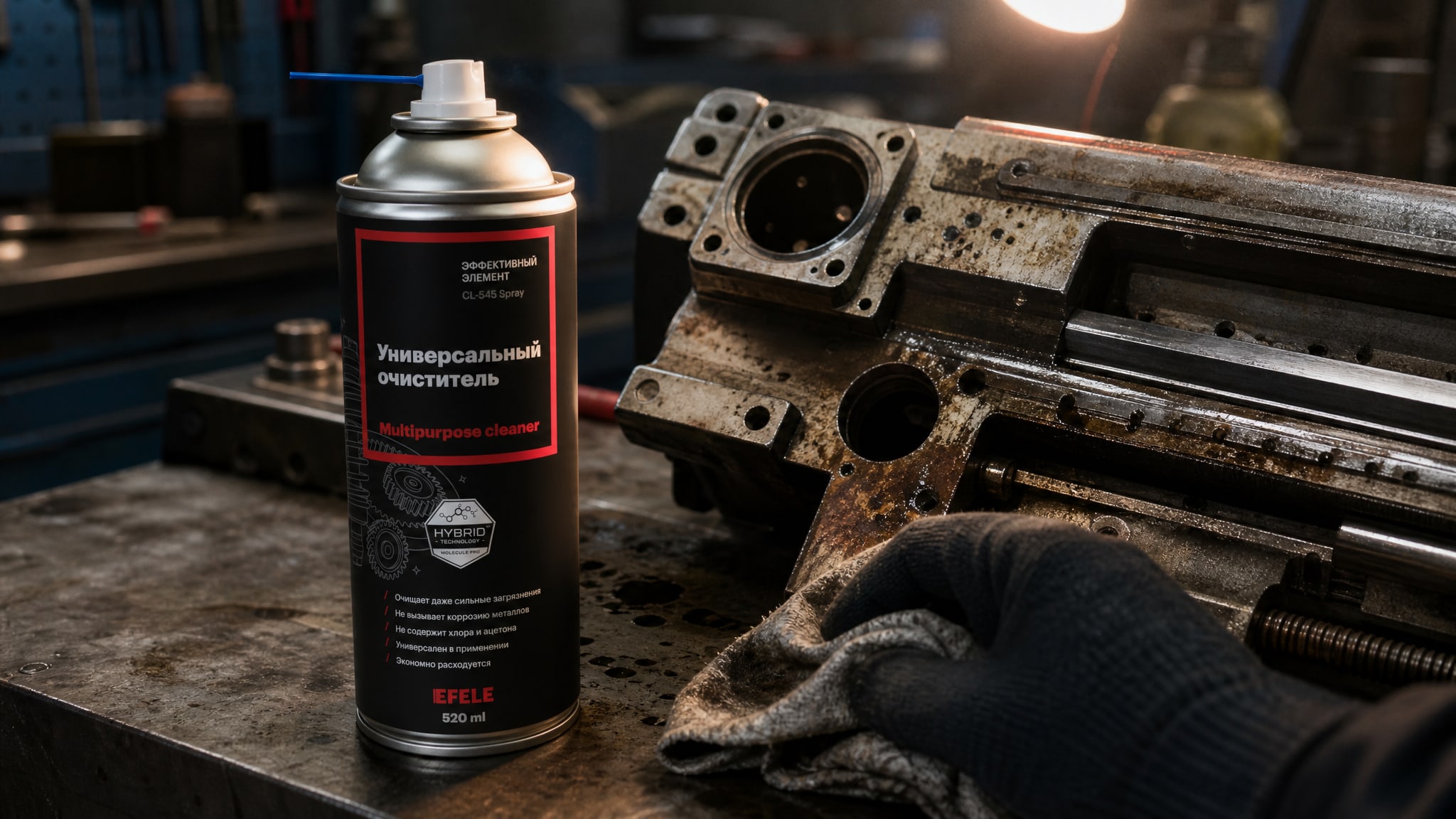 Рука наносит EFELE CL-545 Spray, чтобы убрать ржавчину со станка.
