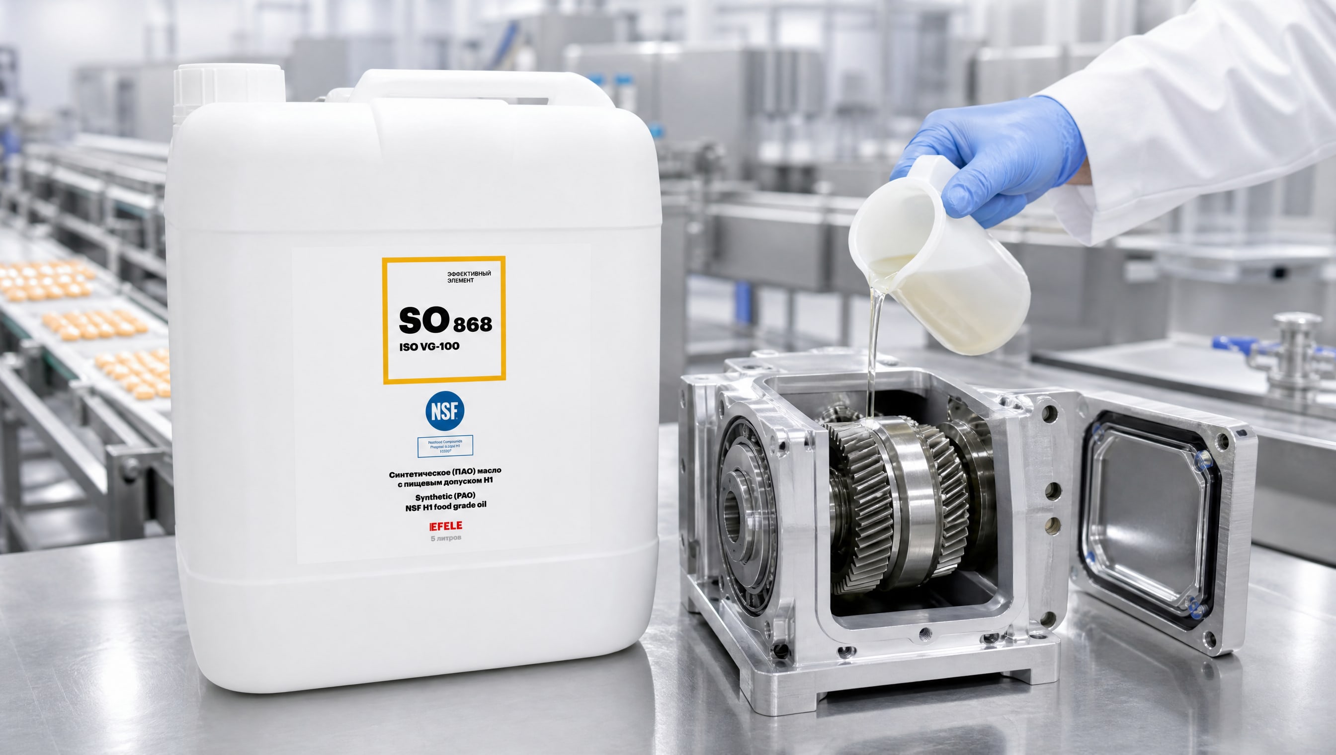 Рука в перчатке наносит EFELE SO-868 (ПАО масло, NSF H1) для смазки редуктора пищевой.