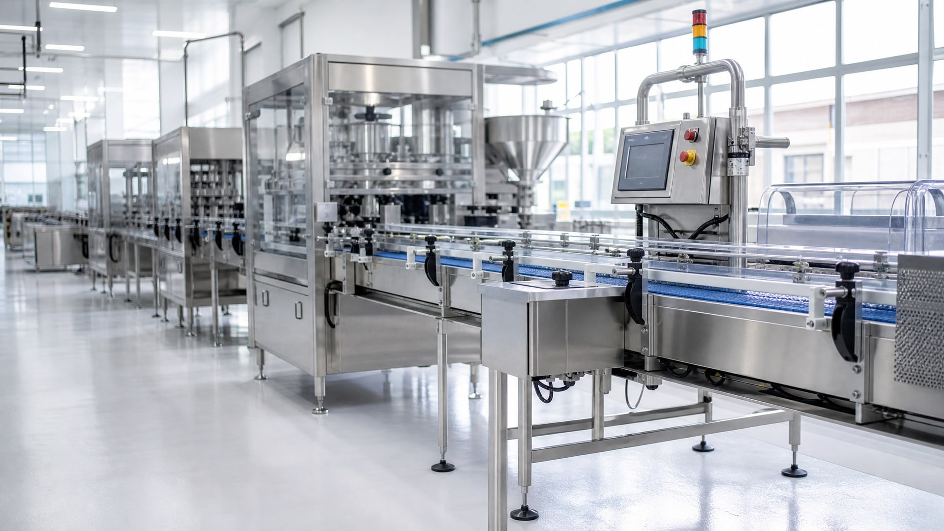 Чистая линия упаковки продуктов с конвейерами из нержавеющей стали и оборудованием с антифрикционным покрытием пищевой допуск.